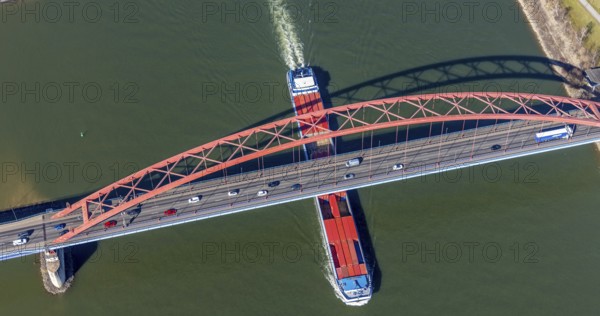 Aerial view, Bridge of Solidarity and container ship on the Rhine, Hochfeld, Duisburg, Ruhr area,