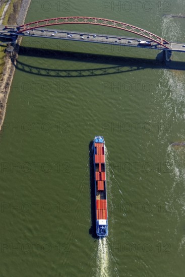 Aerial view, Bridge of Solidarity and container ship on the Rhine, Hochfeld, Duisburg, Ruhr area,
