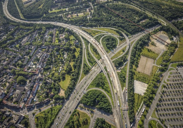 Aerial view, motorway junction Duisburg-Nord, A42 and A59, Obermeiderich, Duisburg, Ruhr area,