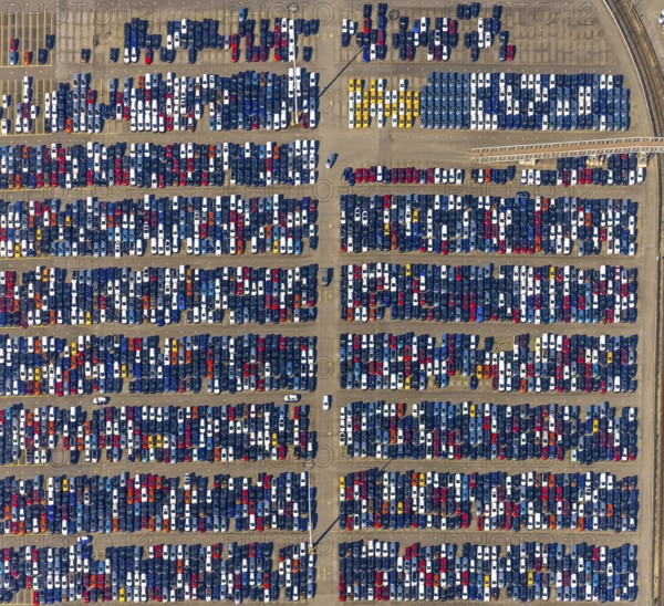 Aerial view, new car dump, export cars, import cars, Duisport, Duisburger Hafen AG, Logport I,