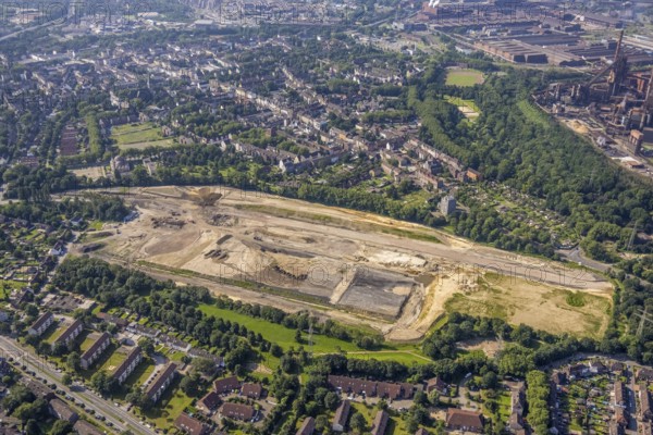 Aerial view, brownfield revitalisation commercial area Friedrich-Park, planned thoroughfare, DITIB