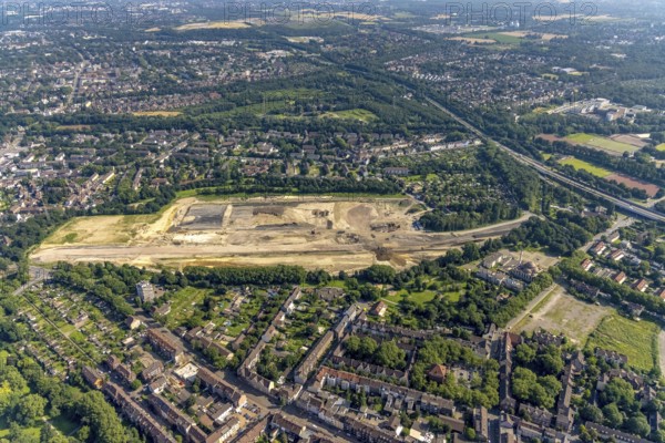 Aerial view, brownfield revitalisation commercial area Friedrich-Park, planned thoroughfare, DITIB