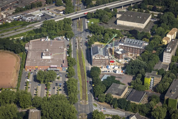 Aerial view, construction site for planned office building, former municipal swimming pool Hamborn,