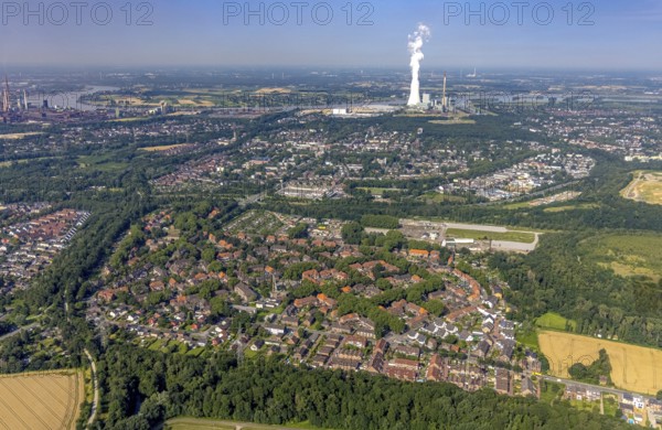 Aerial view, view of Wehofen with STEAG cogeneration plant Walsum, development and new warehouses