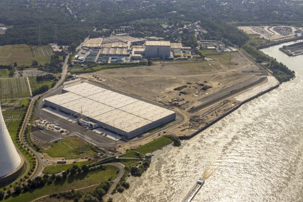 Aerial view, STEAG cogeneration plant Walsum, development and new warehouses logport VI, river