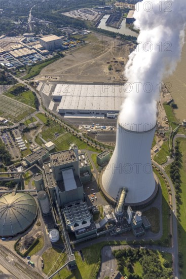 Aerial view, STEAG Walsum CHP plant, development and new warehouses logport VI, river Rhine,