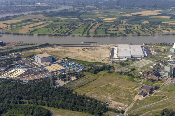 Aerial view, STEAG cogeneration plant Walsum, development and new warehouses logport VI, river