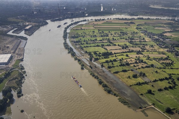 Aerial view, flood river Rhine at logport VI, ferry pier Rhine ferry Walsum, south harbour Walsum,