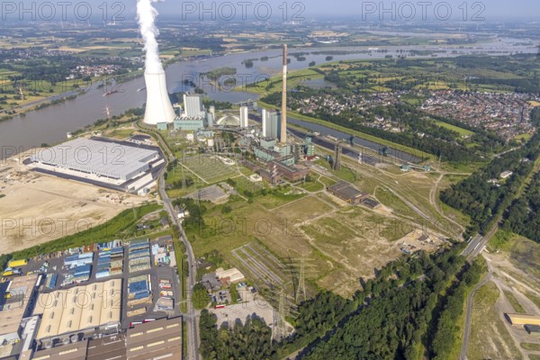 Aerial view, STEAG cogeneration plant Walsum, development and new warehouses logport VI, river