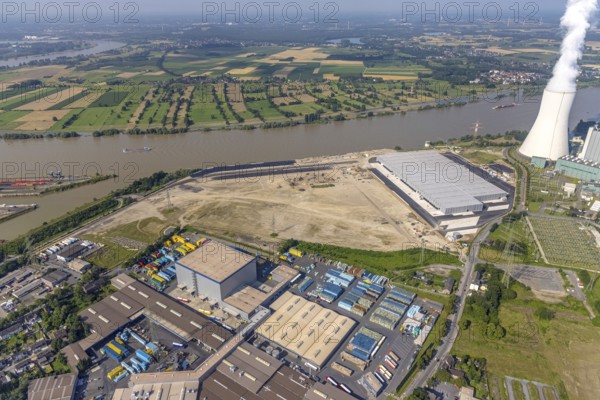 Aerial view, STEAG cogeneration plant Walsum, development and new warehouses logport VI, river