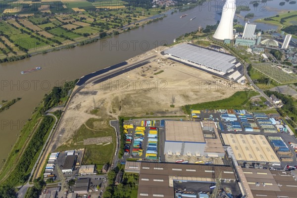Aerial view, STEAG cogeneration plant Walsum, development and new warehouses logport VI, river