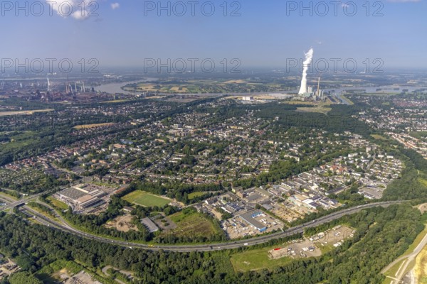 Aerial view, STEAG Walsum cogeneration plant, development and new warehouses logport VI, river