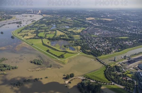 Aerial view, flood river Rhine, north harbour Walsum, Rheinaue and Alt-Walsum with view to STEAG