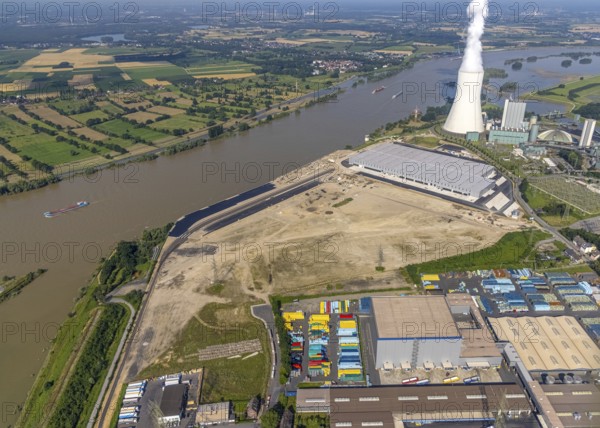 Aerial view, STEAG cogeneration plant Walsum, development and new warehouses logport VI, river