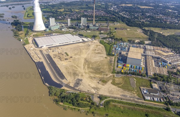 Aerial view, STEAG cogeneration plant Walsum, development and new warehouses logport VI, river
