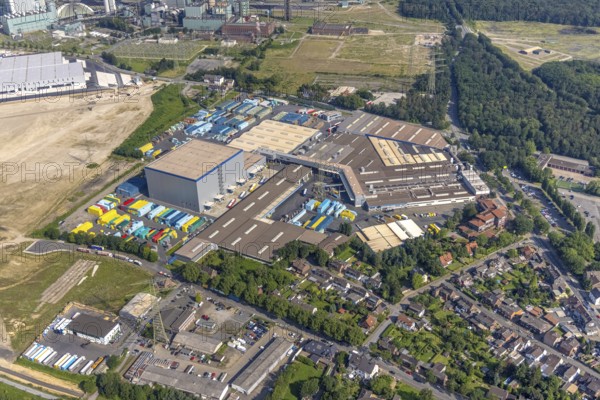 Aerial view, STEAG cogeneration plant Walsum, development and new warehouses logport VI, river