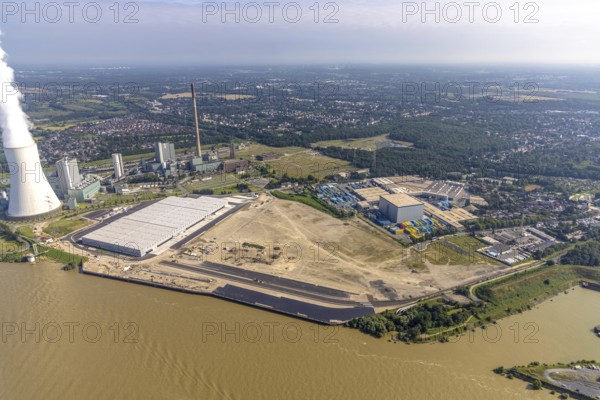 Aerial view, STEAG cogeneration plant Walsum, development and new warehouses logport VI, river