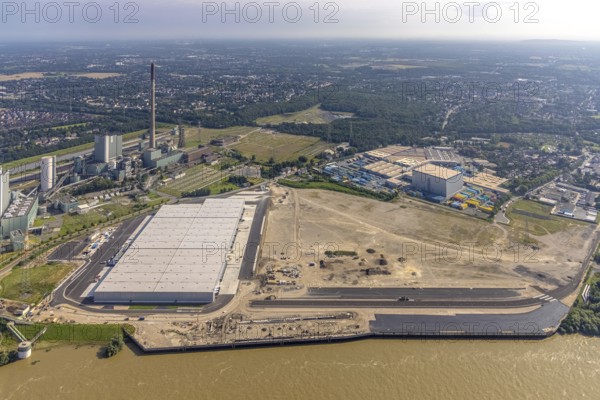 Aerial view, STEAG cogeneration plant Walsum, development and new warehouses logport VI, river