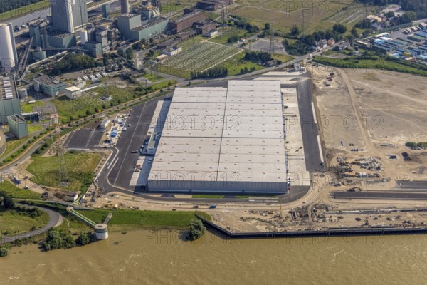 Aerial view, STEAG cogeneration plant Walsum, development and new warehouses logport VI, river
