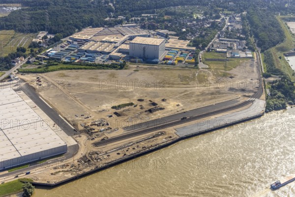 Aerial view, STEAG cogeneration plant Walsum, development and new warehouses logport VI, river