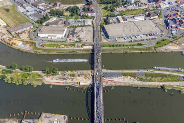 Aerial view, Ruhrort harbour, Karl-Lehr-Bridge, construction site Pontwert, Ruhrort, Duisburg, Ruhr