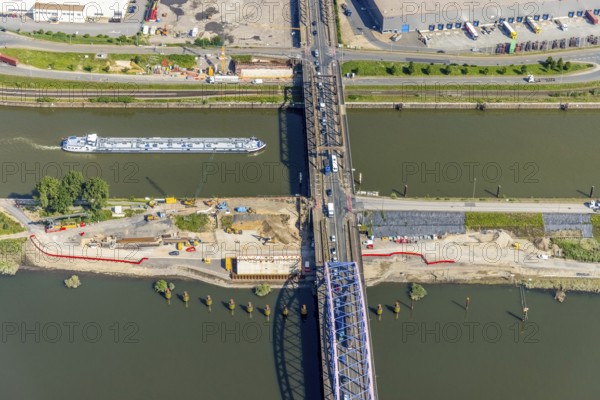 Aerial view, Ruhrort harbour, Karl-Lehr-Bridge, construction site Pontwert, Ruhrort, Duisburg, Ruhr