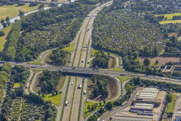 Aerial view, motorway junction Duisburg, A40 and A59, allotment garden association Duissern,