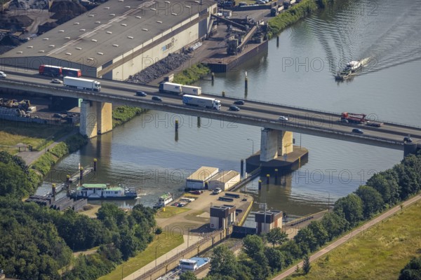 Aerial view, flood river Rhine, Rhine-Herne-Canal with motorway bridge A59 at the lock Meiderich,