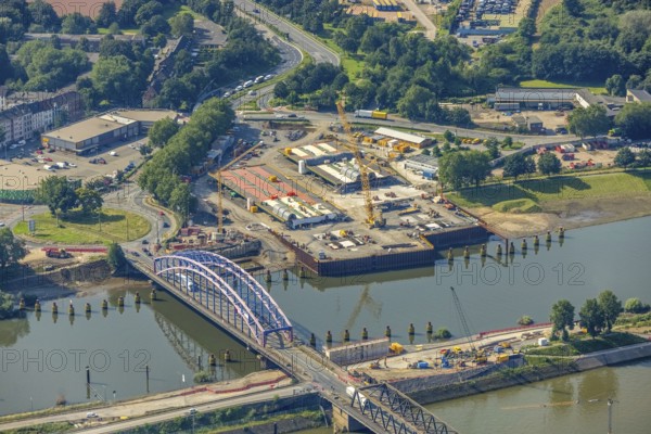 Aerial view, Ruhrort harbour, Karl-Lehr-Bridge, construction site Am Brink corner Kaßlerfelder