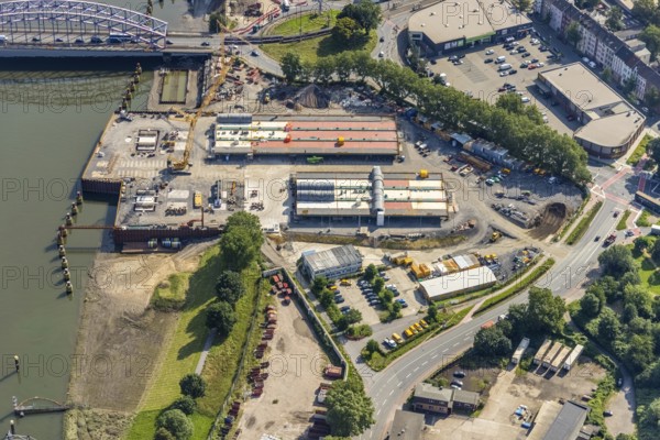 Aerial view, Ruhrort harbour, Karl-Lehr-Bridge, construction site Am Brink corner Kaßlerfelder