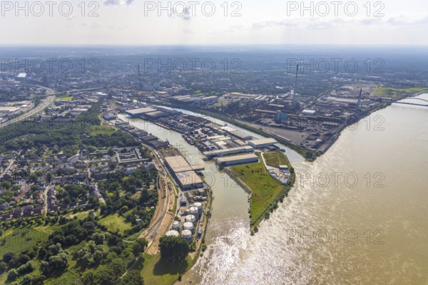 Aerial view, outer harbour and parallel harbour, river Rhine, Neuenkamp, Duisburg, Ruhr area, North