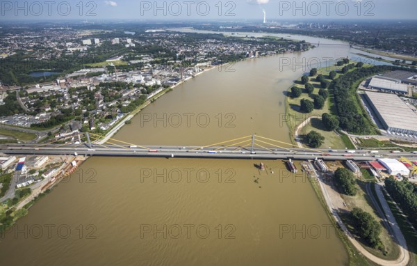 Aerial view, construction site at the A40 Rhine bridge Neuenkamp, river Rhine, Alt-Homberg,