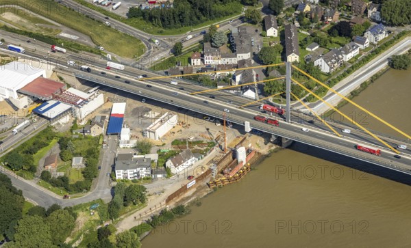 Aerial view, construction site at the A40 Rhine bridge Neuenkamp, river Rhine, Alt-Homberg,