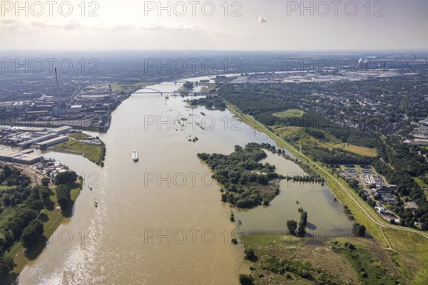 Aerial view, flood river Rhine, entrance to the outer harbour, flooding Rheinwiesen Rheinhausen and