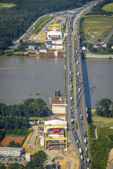Aerial view, construction site at the A40 Rhine bridge Neuenkamp, river Rhine, Alt-Homberg,