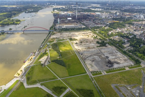 Aerial view, construction area Wörthstraße, new building quarter RHEINORT, Rheinpark Duisburg,
