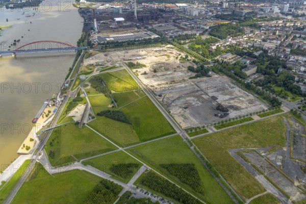 Aerial view, construction area Wörthstraße, new building quarter RHEINORT, Rheinpark Duisburg,