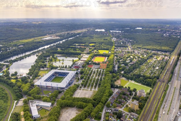 Aerial view, Sportpark Duisburg with Schauinsland-Reisen-Arena and sports school Wedau, regatta