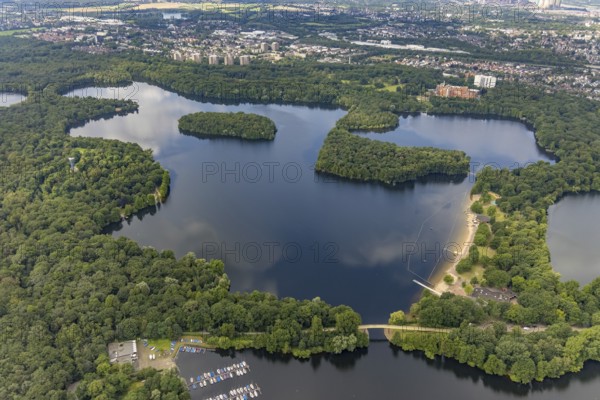 Aerial view, 6-Lakes-Platte, Wolfssee and Yellow Bridge, Wedau, Duisburg, Ruhr area, North