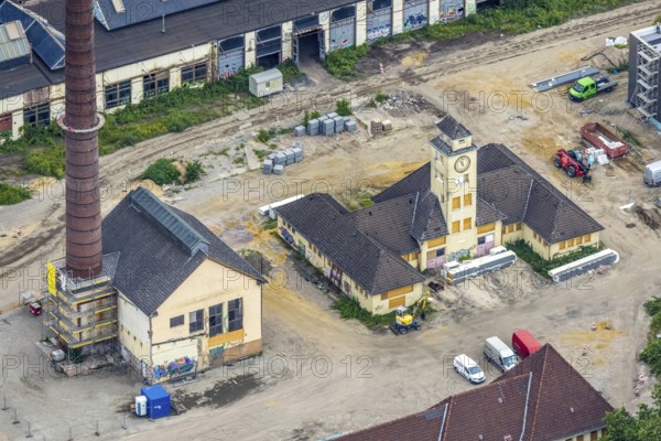 Aerial view, construction site at the repair works Wedau, Werkstättenstraße, Wedau, Duisburg, Ruhr