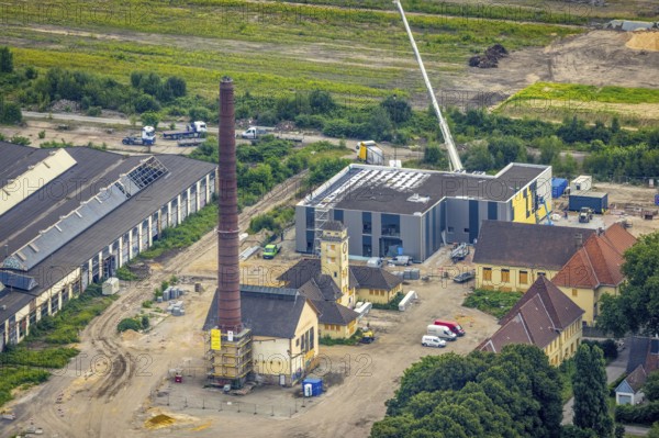 Aerial view, construction site at the repair works Wedau, Werkstättenstraße, Wedau, Duisburg, Ruhr