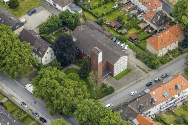 Aerial view, catholic church St. Joseph, Wedau, Duisburg, Ruhr area, North Rhine-Westphalia,