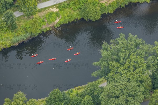 Aerial view, red kayaks at the regatta course, Neudorf, Duisburg, Ruhr area, North