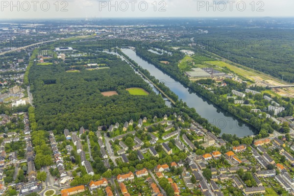 Aerial view, sports park Duisburg with Schauinsland-Reisen-Arena and sports school Wedau, regatta