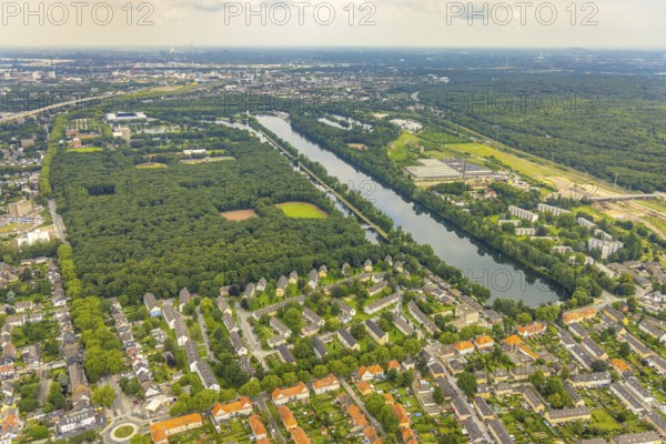 Aerial view, sports park Duisburg with Schauinsland-Reisen-Arena and sports school Wedau, regatta