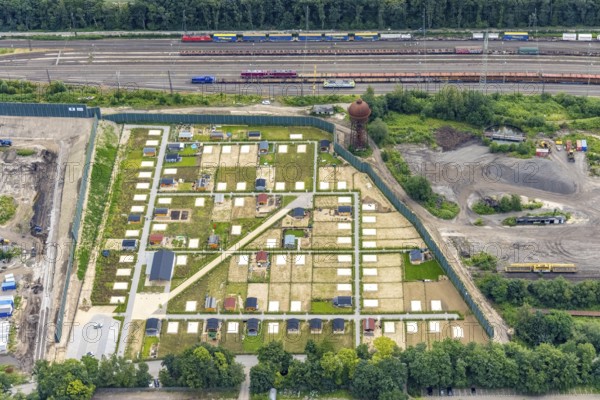 Aerial view, construction site and new railway allotment garden site at the former marshalling yard