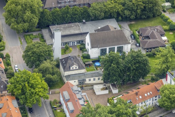 Aerial view, evang. Trinitatis Kirche am See, Wedau, Duisburg, Ruhr area, North Rhine-Westphalia,