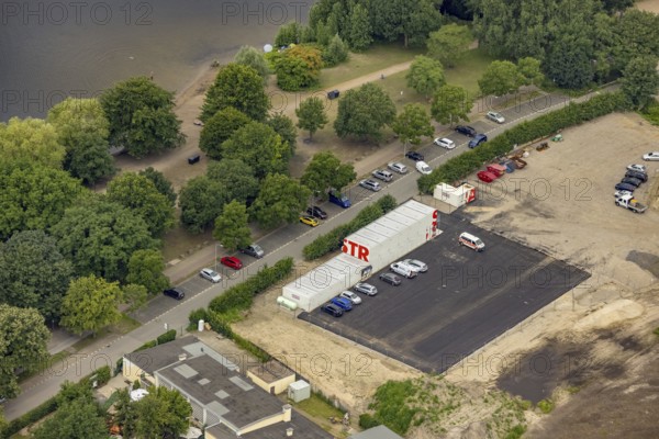 Aerial view, Strabag construction container at Lake Masuria, Wedau, Duisburg, Ruhr area, North