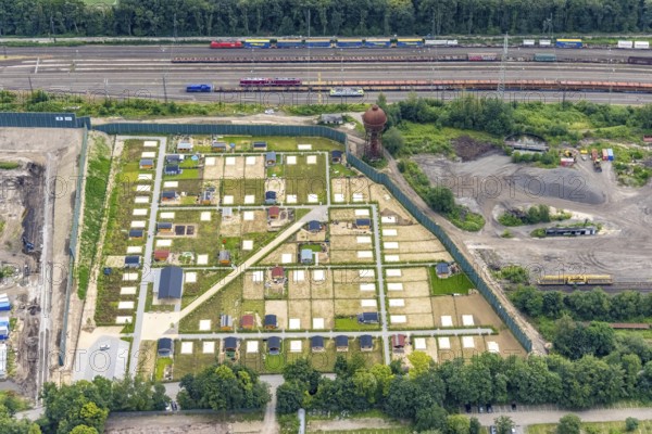 Aerial view, construction site and new railway allotment garden site at the former marshalling yard