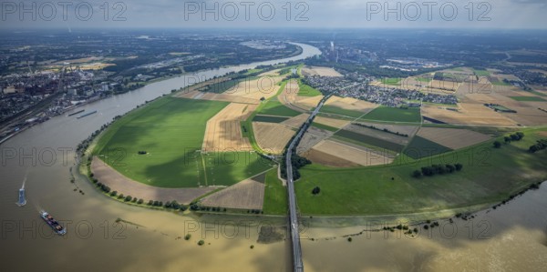 Aerial view, Krefeld-Uerdingen bridge, flood river Rhine, flooding Rhine floodplain Mündelheim,